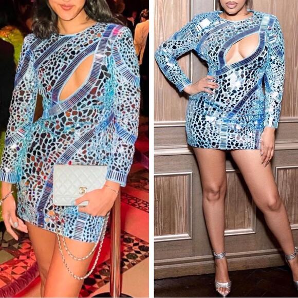 Retrofete Kia Mirror Embellished Mosaic Long Sleeve Blue Atoll Mini Dress Sz M - Picture 4 of 15